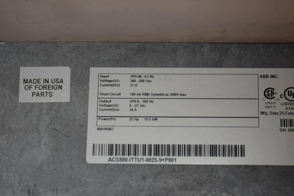 Used ABB 25HP VFD AC Drive 380-500v 3ph  ACS800-ITTU1-0025-5+P901 ACS800 18.5 Kw