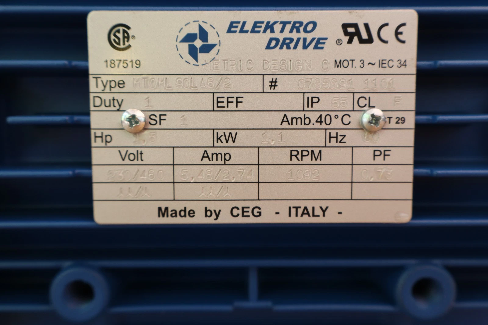 Elektro Drive Motor MT0ML90LA6/2 MT090OML08799S 6P 1.1kW 1.5hp 230/460v (New)