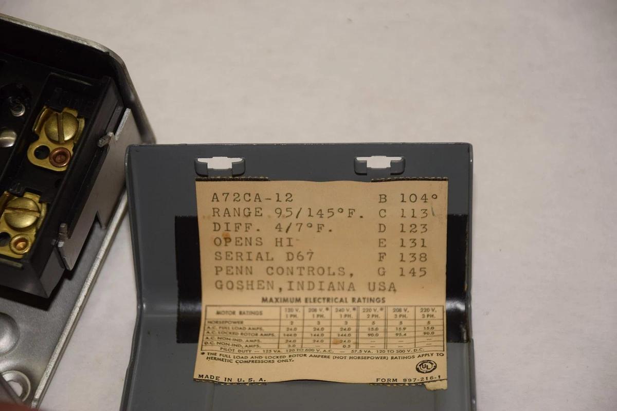 (New) Penn A72CA-12 Temperature Switch 95/145deg F 95- 145  A72CA