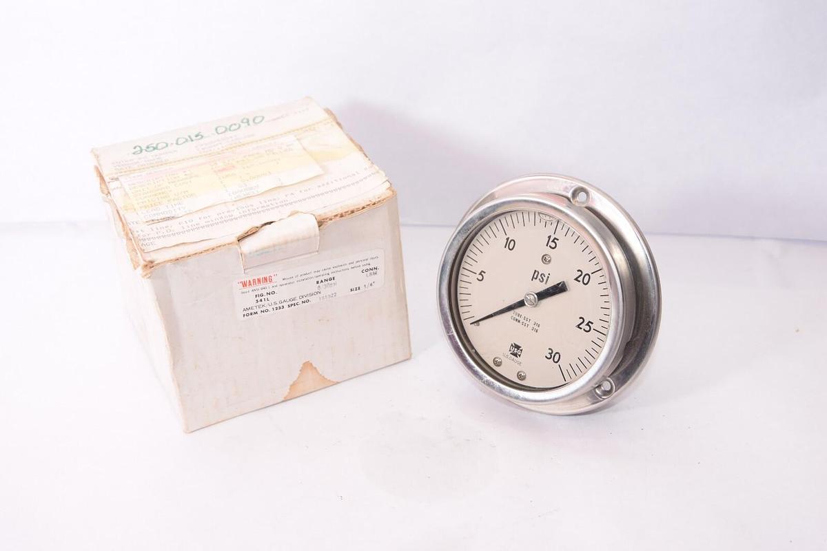 (NEW) AMETEK 541L 0-30psi 1/4" 4" Face S/S Back Mount Pressure Gauge