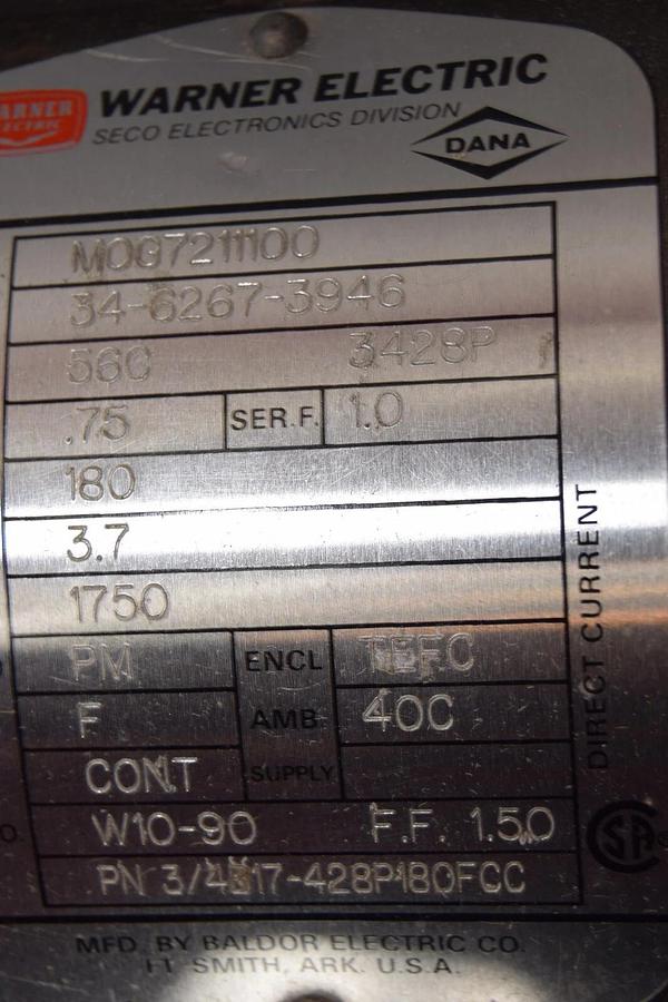 Warner Baldor Seco Motor M0G7211100 MOG7211100 34-6267-3946 .75hp 1750rpm 180VDC