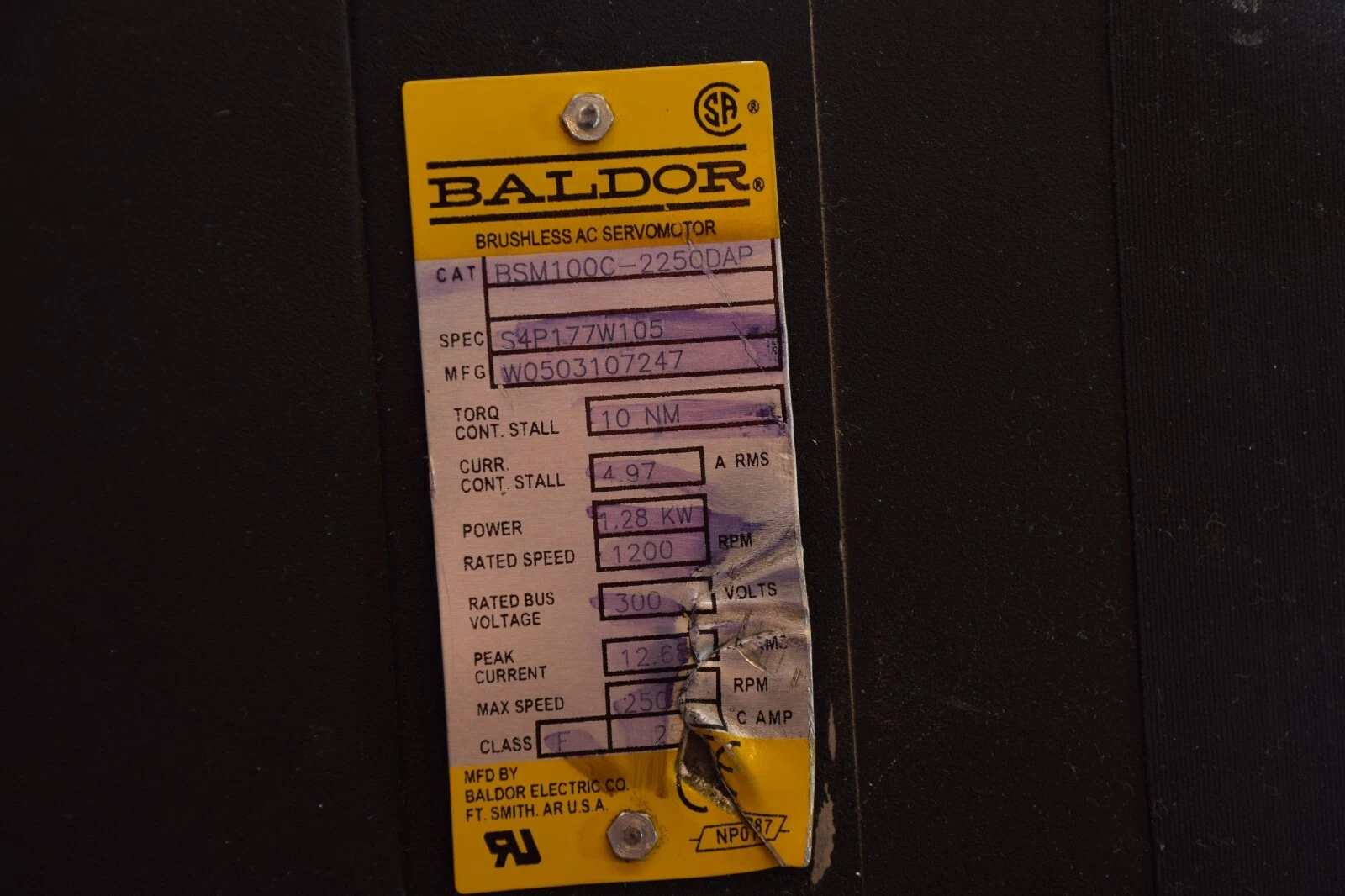 Used Baldor Brushless Servo Motor BSM100C-2250DAP S4P177W105 W0503107247 10nm 1.28kw