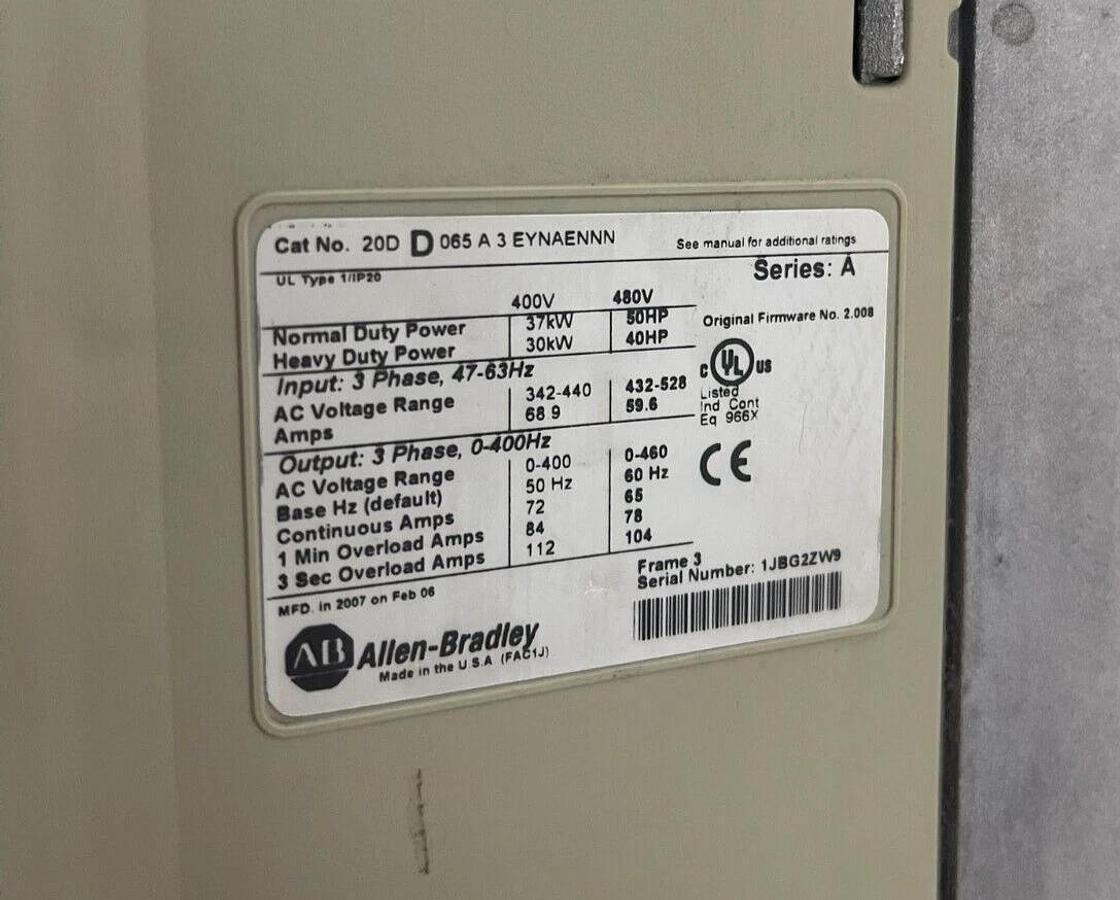 Used Allen Bradley Powerflex 700S  Drive 20DD065A3EYNAENNN 50HP 37kW 3ph 400/460v