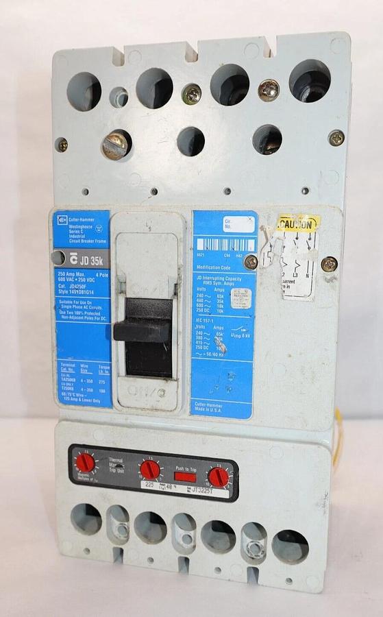 Used Westinghouse Cutler Hammer Circuit Breaker 250a JD35k JD4250F 4p 600v 225a trip