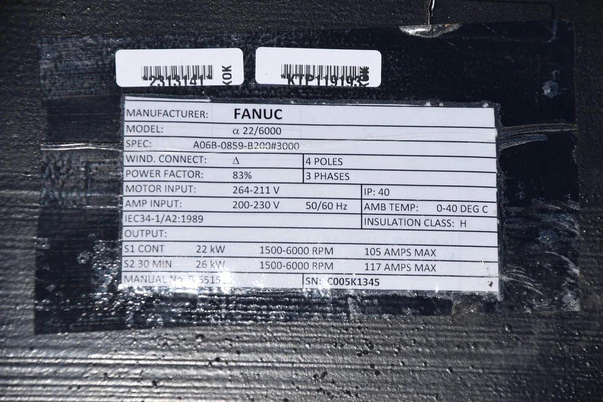 Refurbished FANUC Spindle Motor 22/6000 A06B-0859-B200#3000 4p 3ph 200-230v *Refurb*