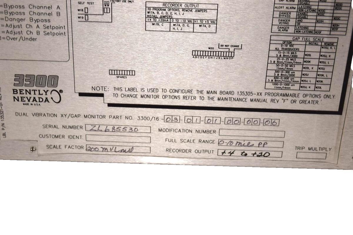 Used Bently Nevada 3300/16-03-01-01-00-00-06 Dual Vibration XY/GAP Monitor Module