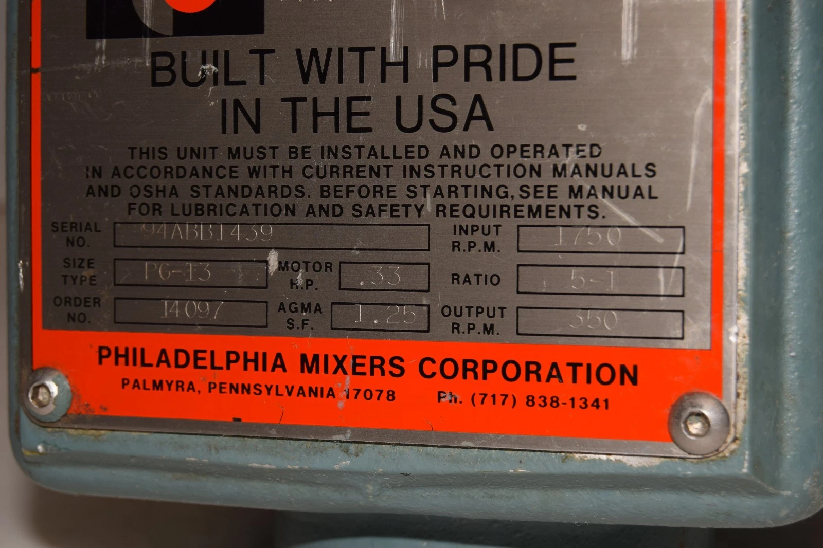 Philadelphia Portable Mixer Tank Agitator PG-13 1/3hp 350rpm 3ph Lightnin NOS