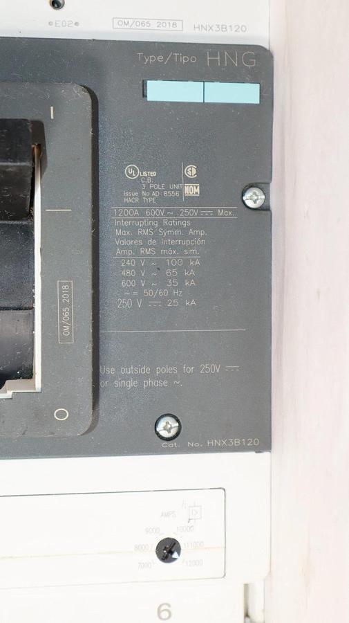 Used Siemens HNG Circuit Breaker HNX3B120 1200A 1200 Amp 600v 3p 3 pole Trip 525