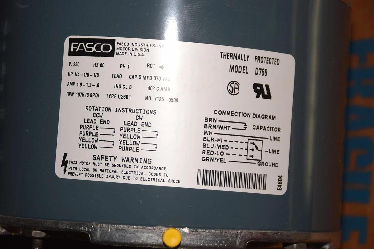 Fasco HVAC 3 Speed Motor D766 1/4-1/6-1/8hp 1.9-1.2-.8 A 230v 60hz 1075rpm (NEW)