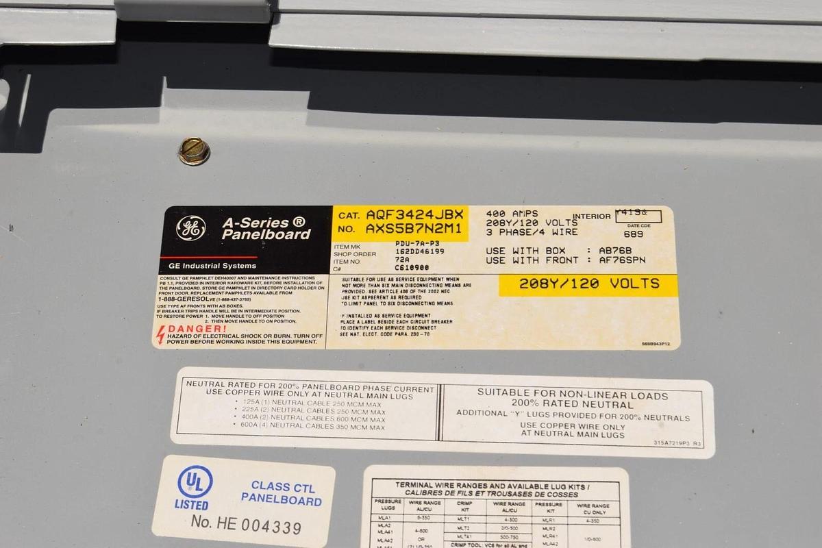 Used General Electric GE A-Series II Panelboard Panel AQF3424JBX 400A 208y/120 3ph 4w
