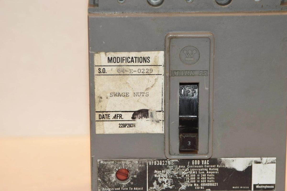 Used Westinghouse HFB3022ML Circuit Breaker 3 Pole 3A 3 Amp A 600Vac