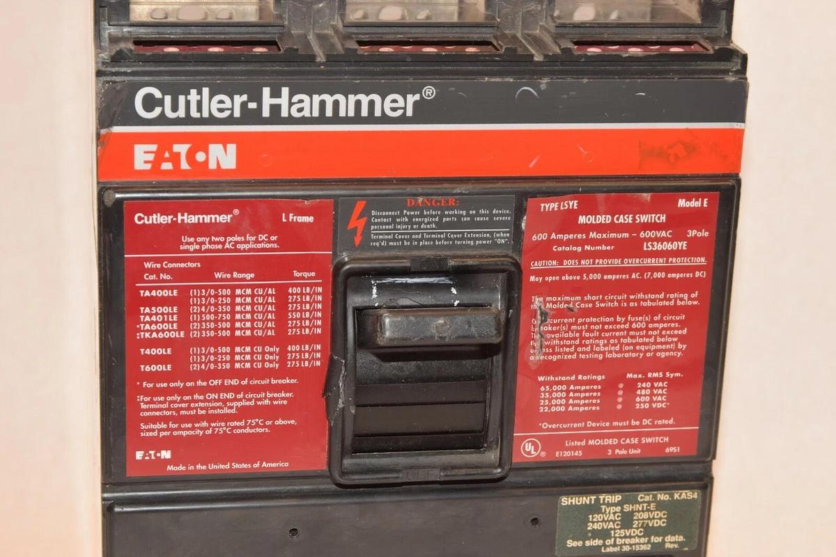 Used CUTLER HAMMER LS36060YE 600A 600 Amp Model F 3P Molded Case Switch Breaker