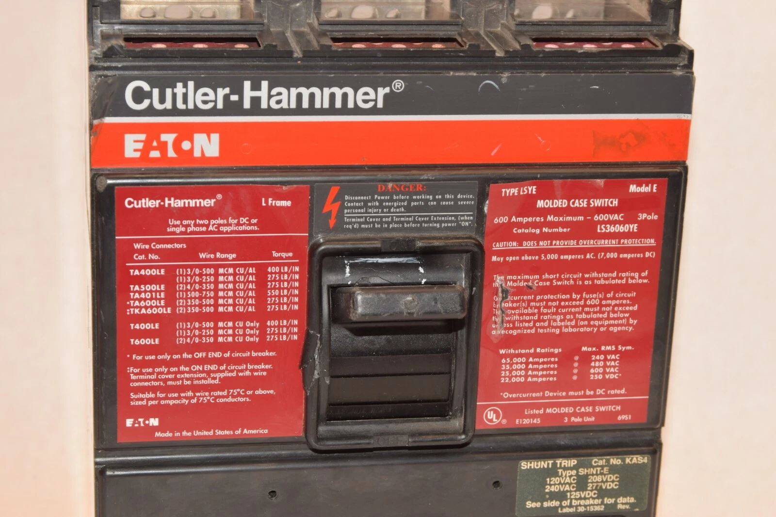 Used CUTLER HAMMER LS36060YE 600A 600 Amp Model F 3P Molded Case Switch Breaker