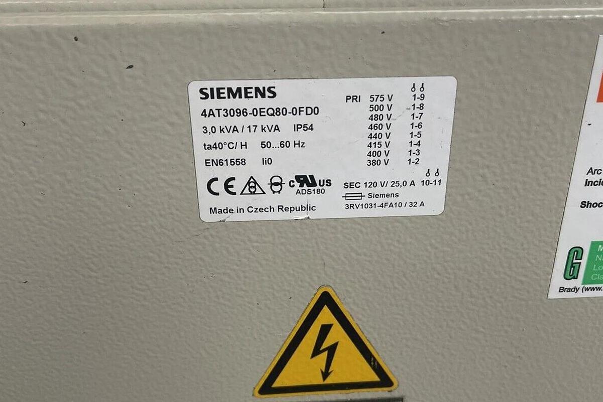 Used SIEMENS 4AT3096-0EQ80-0FD0 Transformer Pri: 380-575v Sec: 120v 3kva 17kva *Dent*
