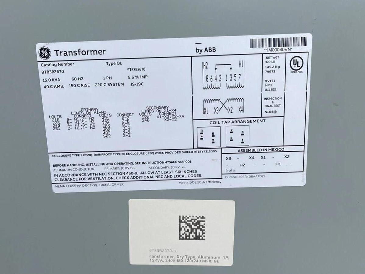 Refurbished GE Transformer 9T83B2670 1 Phase 15kVA 480V - 120/240V Type QL General Electric