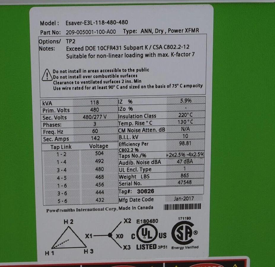 PowerSmiths Dry Transformer Esaver-E3L-118-480-480 209-005001-100-A00 118kva NEW