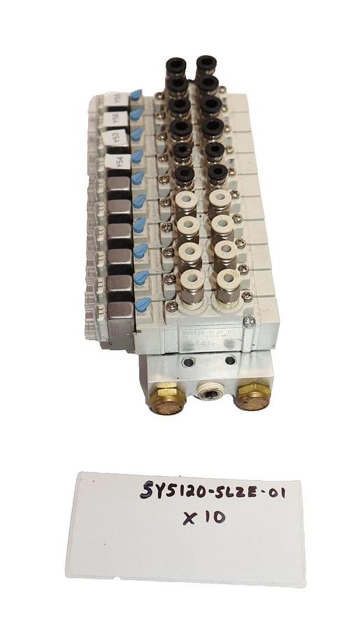 Used SMC Valve Block with (10) SY5120-5LZE-01 Solenoid Valve Lot