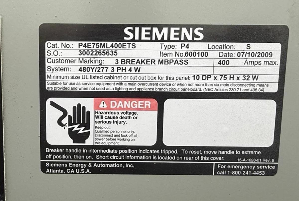 Used Siemens P4E75ML400ETS P4 Panelboard 400A 480/277V 3PH 400 Amp 3 Breaker Mbpass