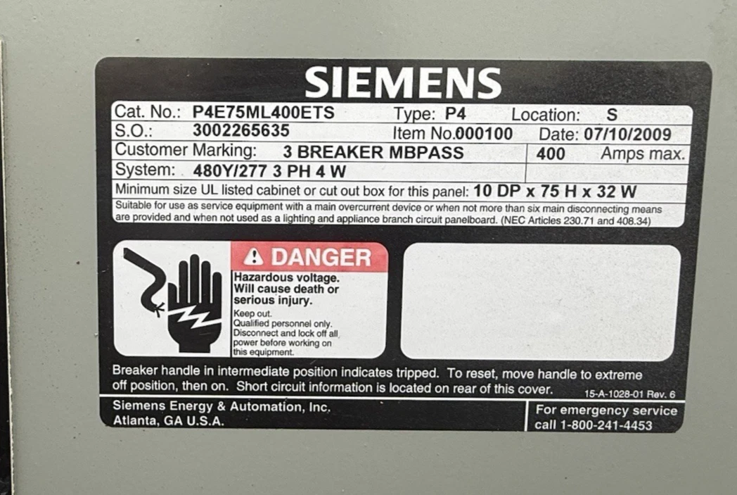Used Siemens P4E75ML400ETS P4 Panelboard 400A 480/277V 3PH 400 Amp 3 Breaker Mbpass