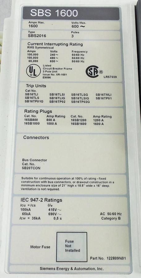 (New) Siemens SBS1600 SBS2016 Breaker 1600 AMP 600VAC
