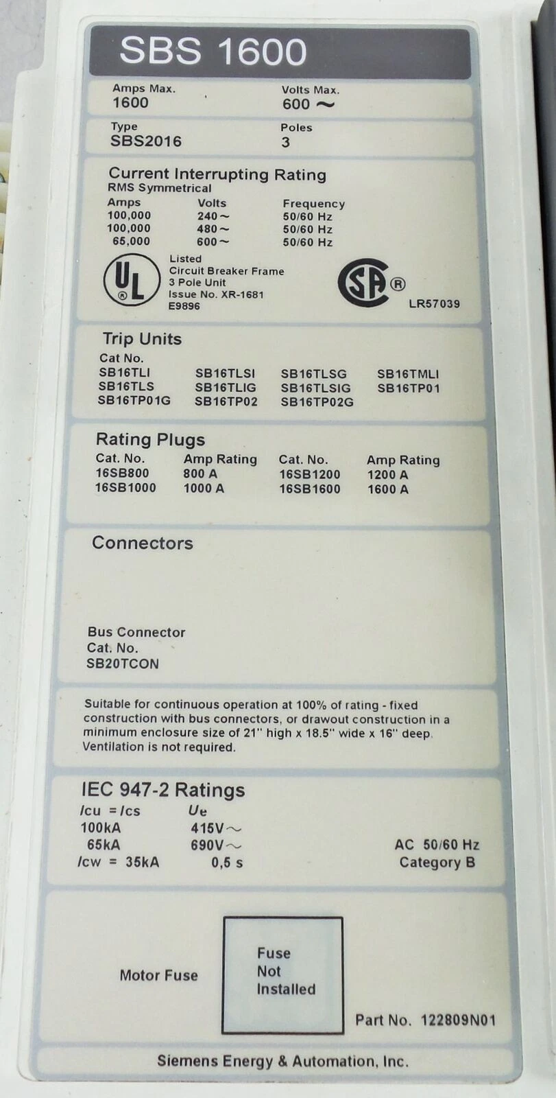 (New) Siemens SBS1600 SBS2016 Breaker 1600 AMP 600VAC