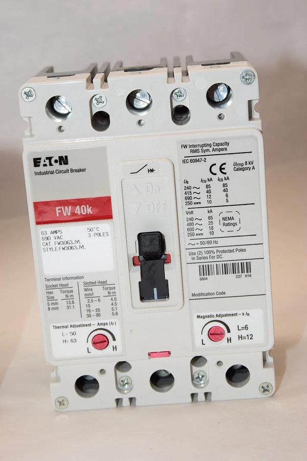 Used Eaton FW3063JVL 63 Amp Ser, C Industrial Circuit Breaker 63A, 690VAC (New)