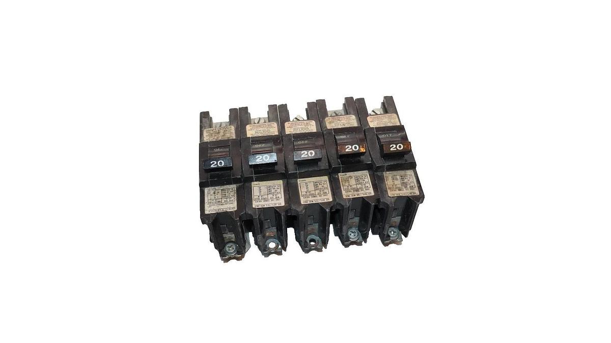 Used (Lot of 5) Federal Pacific 20 Amp 20A Single Pole Bolt on Breaker NBSWD120-U