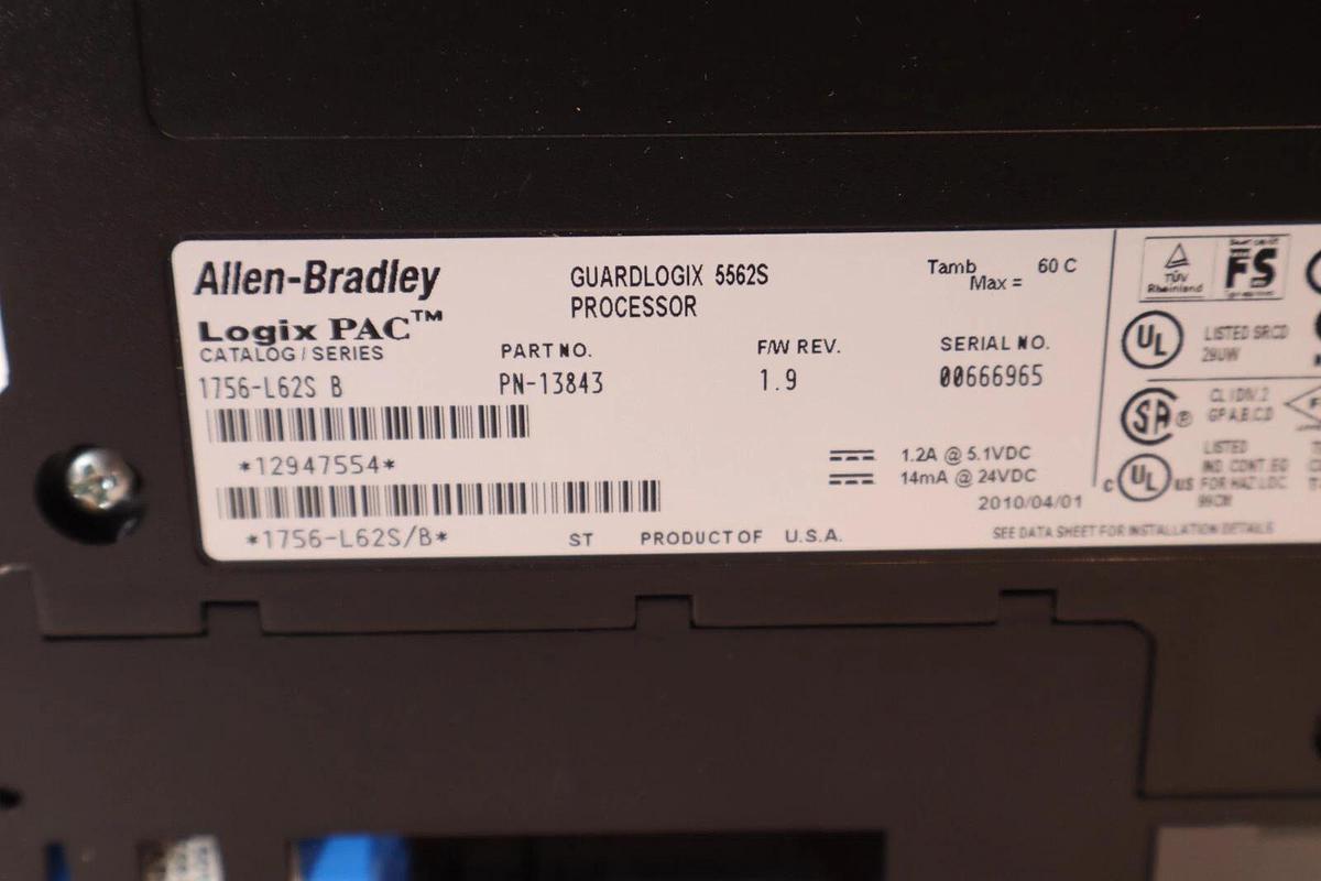 Used Allen Bradley 1756-L62S , PN-13843 Ser. B Logix5562S Guardlogix Processor Module