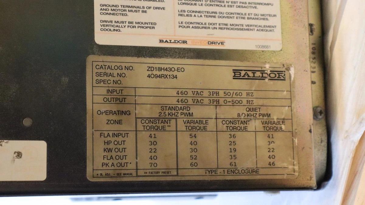 Used BALDOR Vector Drive ZD18H43O-EO ZD18H430-EO 0700654 460v 3ph 30hp 40hp 22kw 30kw