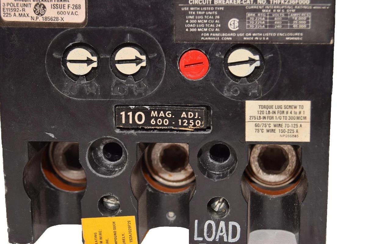 Used GE General Electric THFK236F000 , E11592-R 3 Pole 225A 600V Circuit Breaker