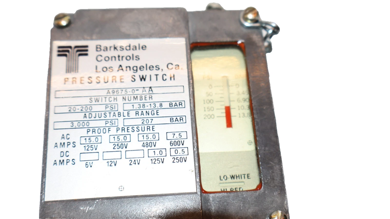 Barksdale Controls Pressure Switch 20-200psi A9675-0-AA (New)