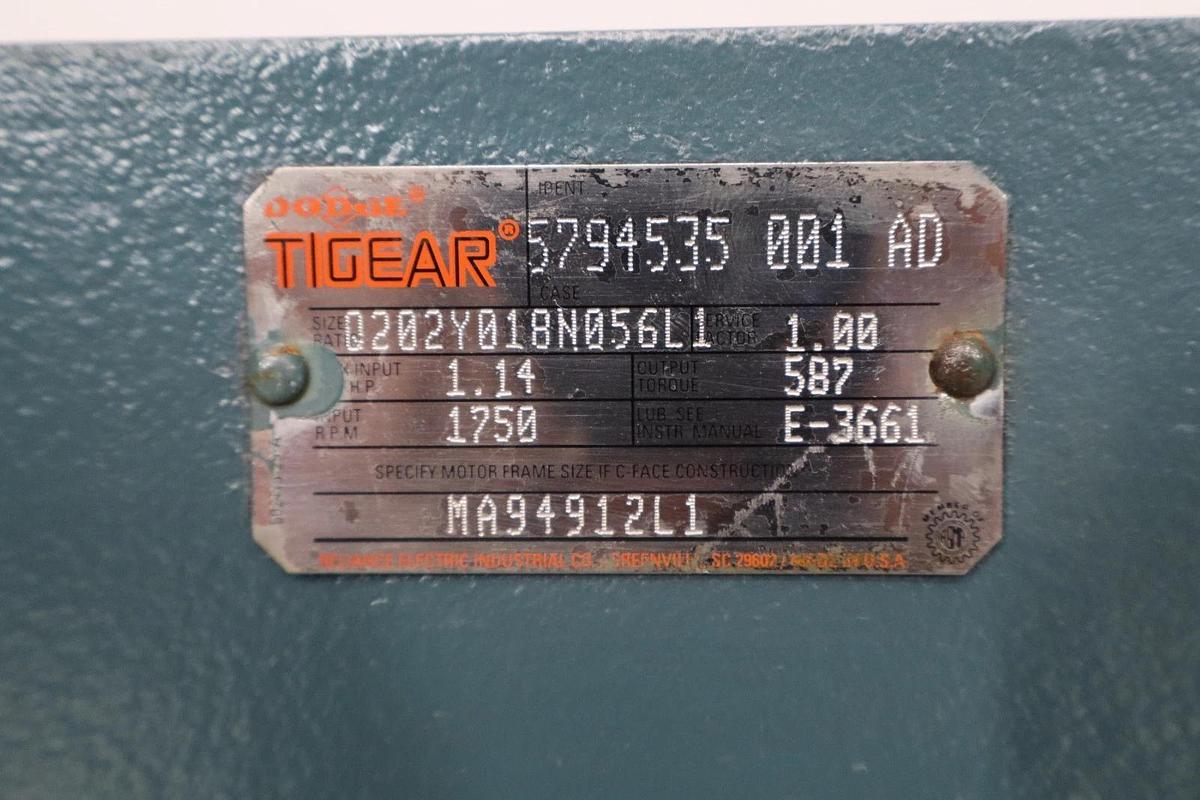 Refurbished Dodge Tigear Gear Box Speed Reducer Q202Y018N056L1 1.14Hp 1750rpm 1" Shaft SF 1