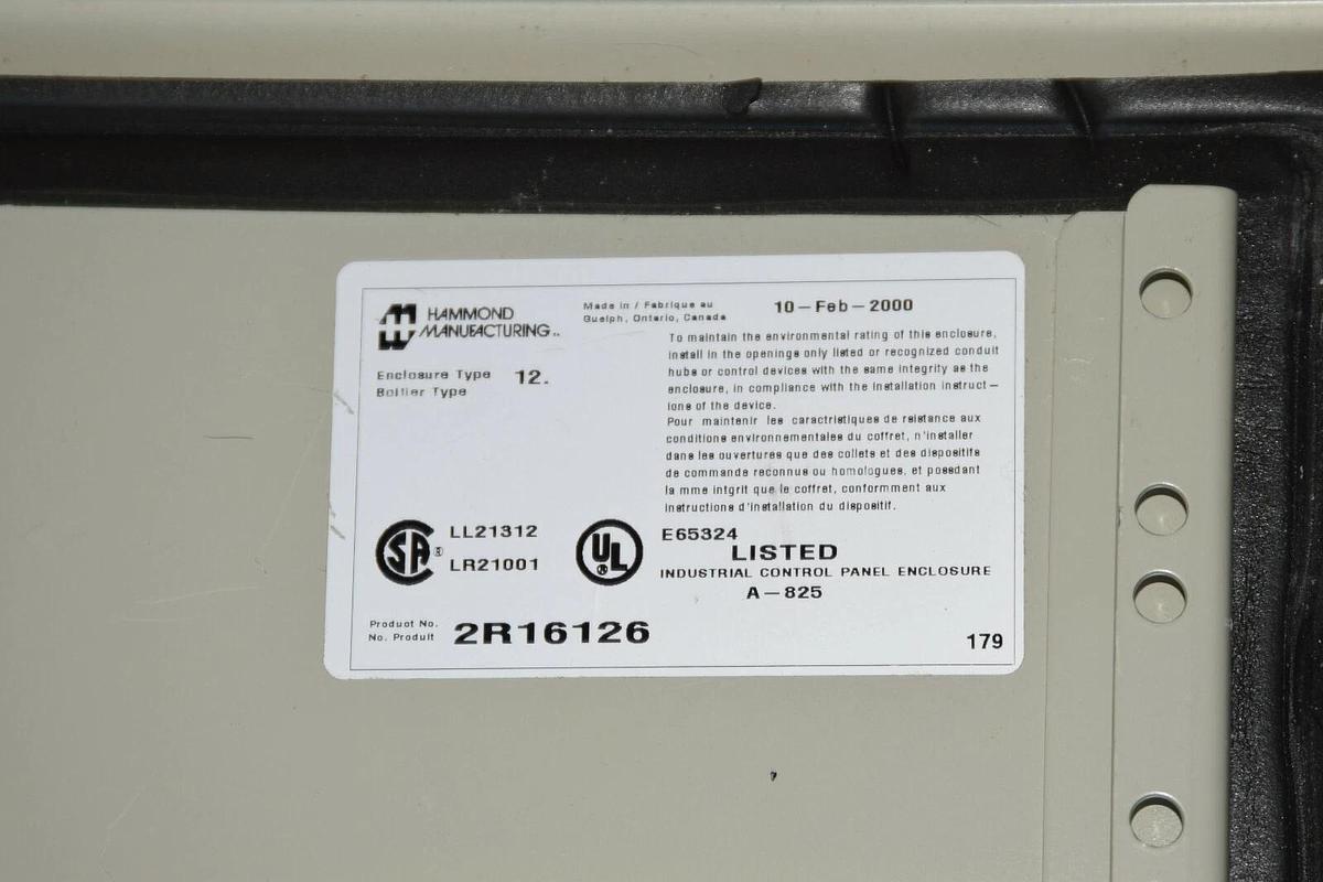 Used HAMMOND 2R16126 Enclosure Type 12 16X12X6 IN, 16" X 12" x 6 (Used) holes drilled