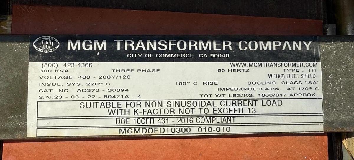 MGM Transformer 300 KVA AD370-S0894 480V-208Y/120 220C 300kva AD370S0894