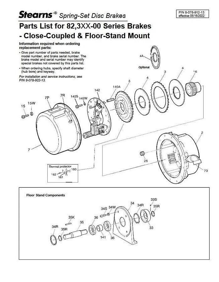 Used (New) STEARNS 1-082-315-00-FQB Motor Brake 10535997, 108231500FQB Brake Assembly