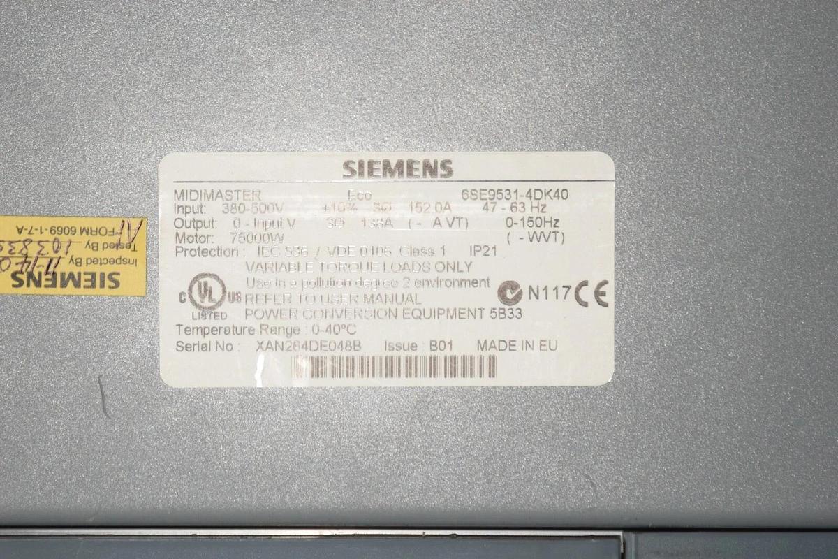 New Siemens Midimaster 6SE9531-4DK40 100 HP Variable Torque drive 380-500V 75 kW