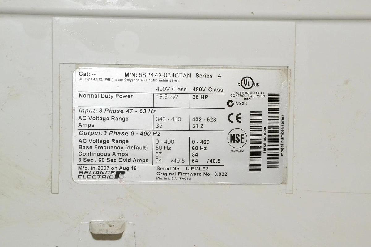 Used RELIANCE 6SP44X-034CTAN SP600 ser A 25HP 18.5KW AC DRIVE