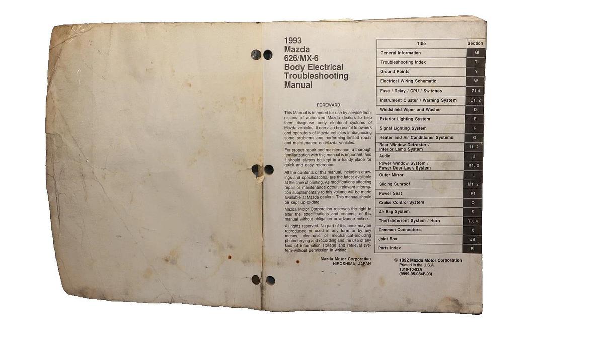 Used Mazda 626 MX-6 1993 Body Electrical Troubleshooting Manual
