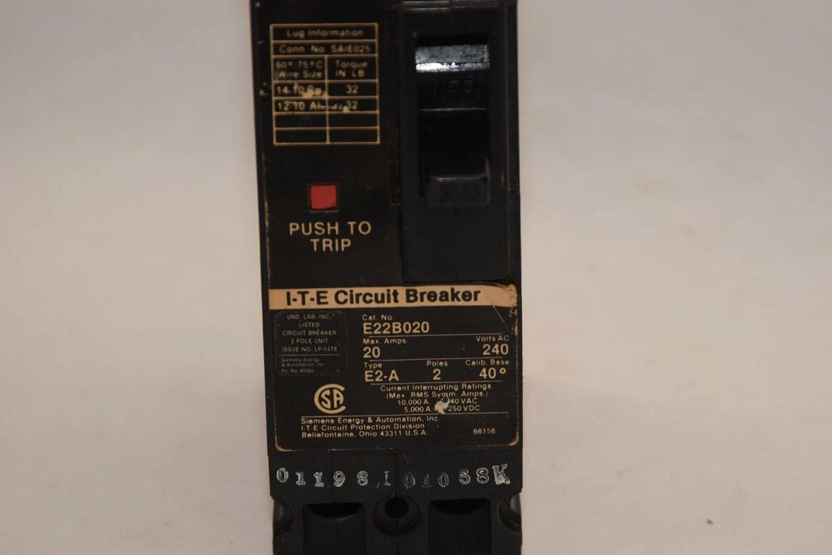 Used ITE E22B020 20A 20 Amp 20 A 240Vac 2P Type E2-A Circuit Breaker