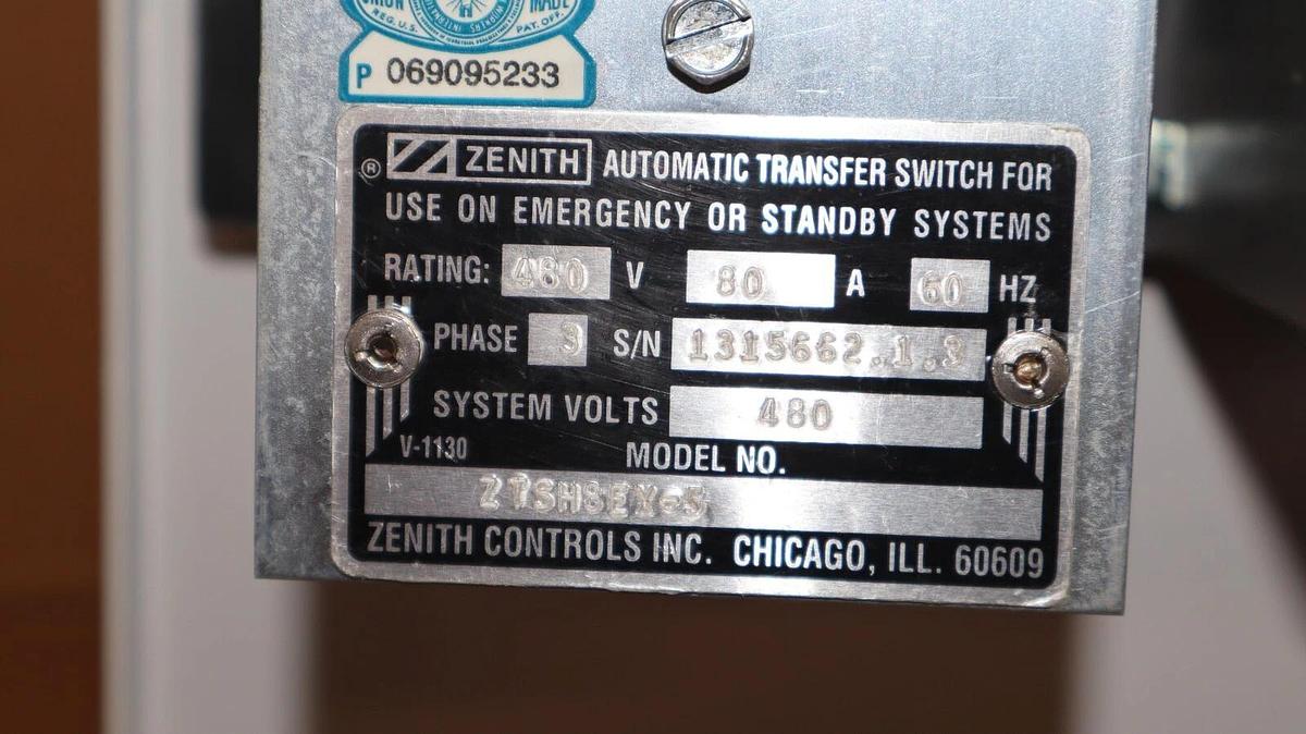 Used Zenith Automatic Transfer Switch ZTSH8EX-5 ZTSH8EX5  80a 80 Amp 480v 3ph K2119