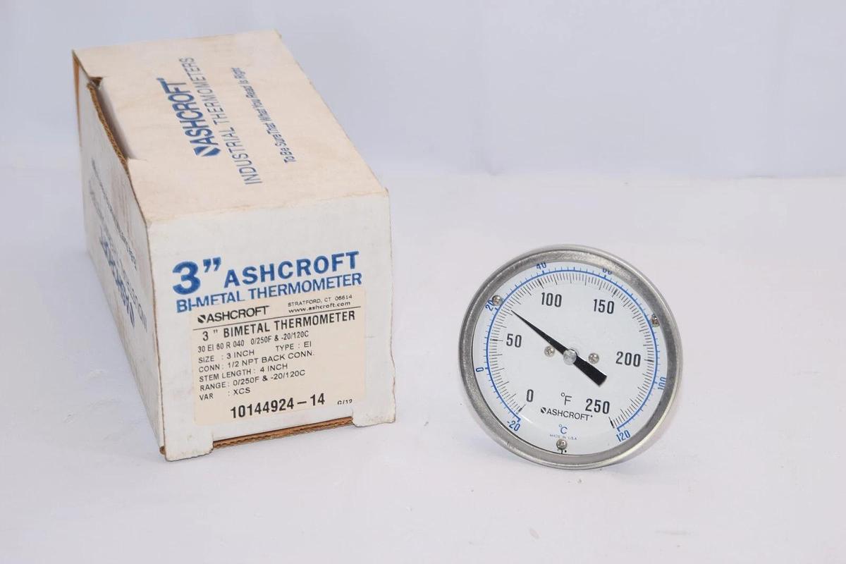 ASHCROFT 10144924-14 30EI60R040 0/250F -20/120C 4" Stem 3" Bimetal Thermometer