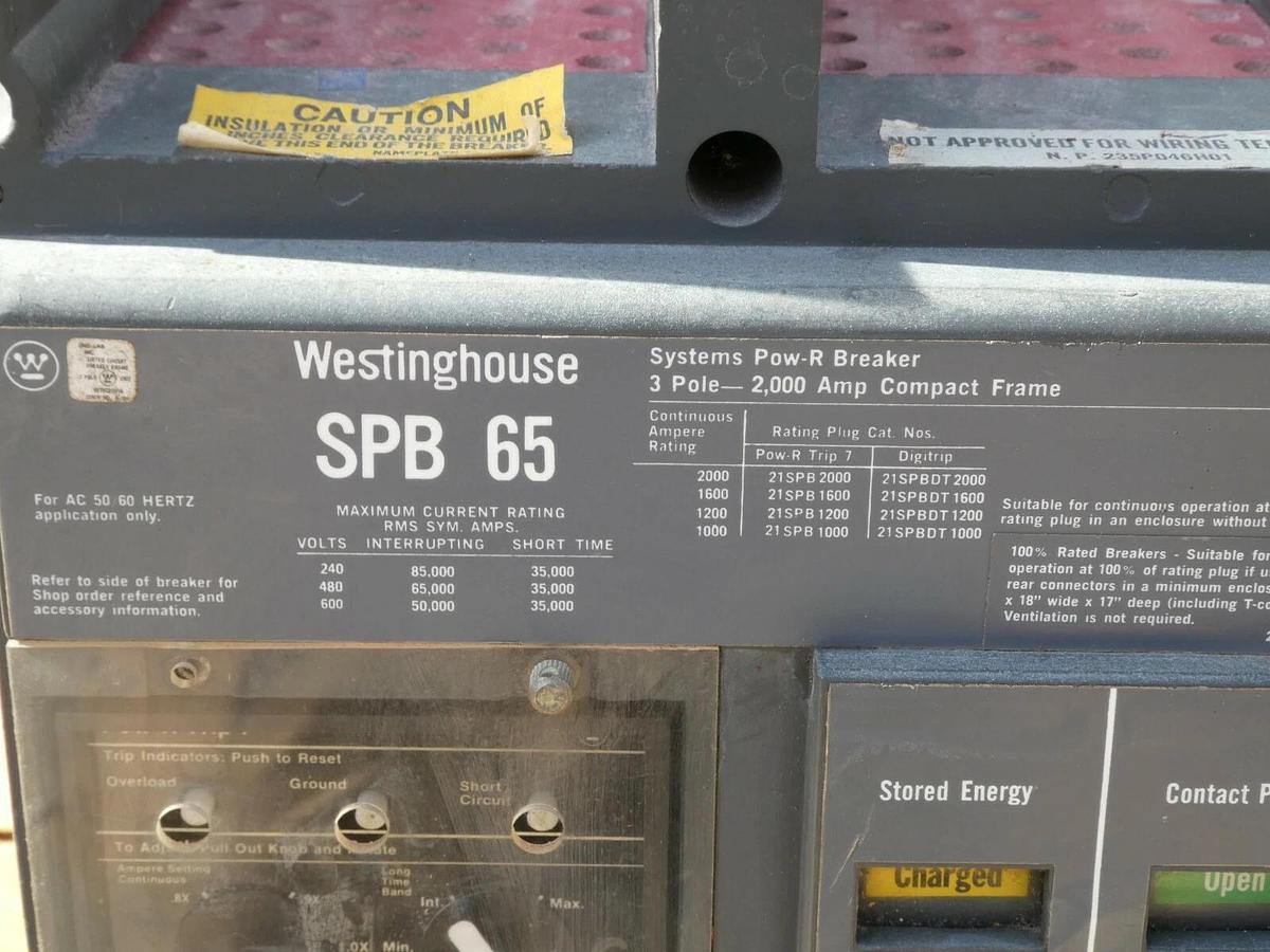 Used Westinghouse SPB 65 2000A Drawout Pow-R Breaker  w/ 1600 Amp Plug SPB100 2000 A