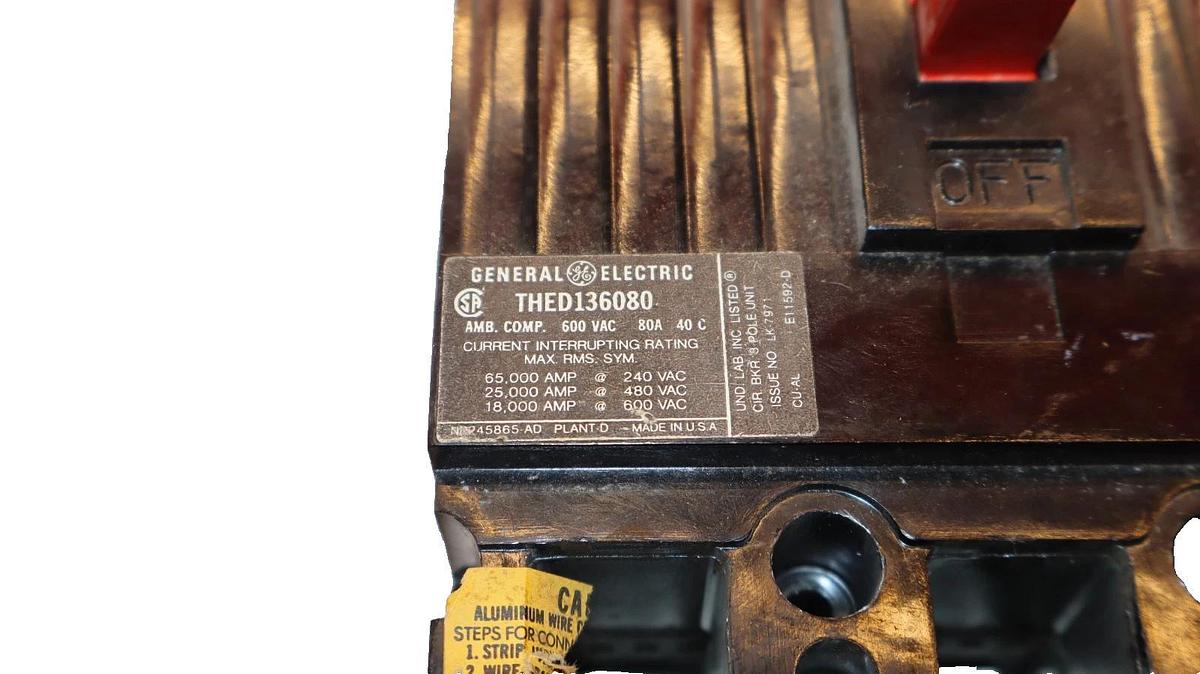 Used GE 80A 80 Amp Circuit Breaker THED136080 600V 3-Pole General Electric