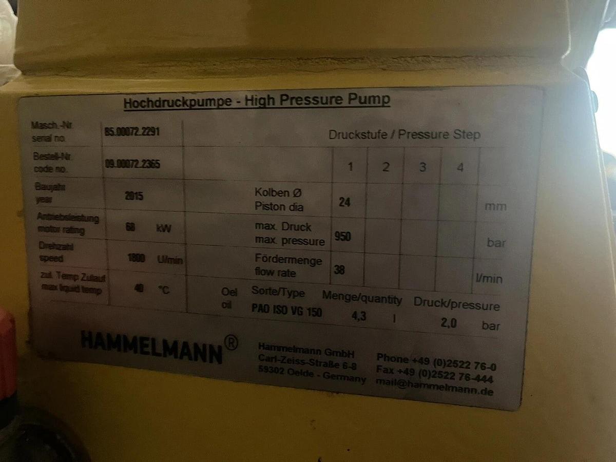 Used Hammelmann High Pressure Pump Unit 85.00072.2291 58kW Motor Hydro jet