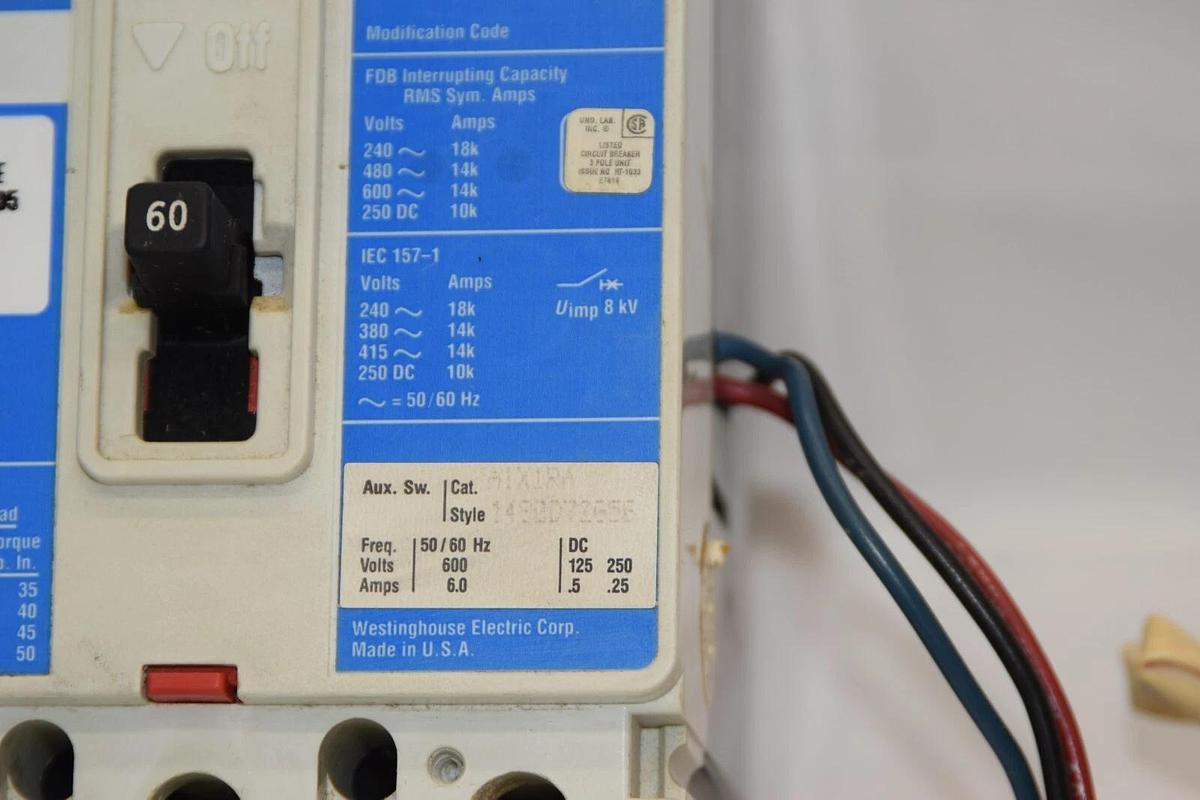 Used WESTINGHOUSE FDB3060LA05 60A Amp 3P 600Vac Ser. C Industrial Circuit Breaker