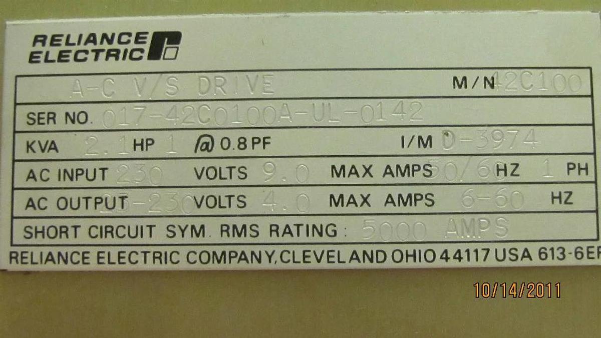 Used RELIANCE ELECTRIC AC V/S DRIVE 42C100 2.1 kVA 1HP 1 HP 5000AMPS 5000A 5000 A
