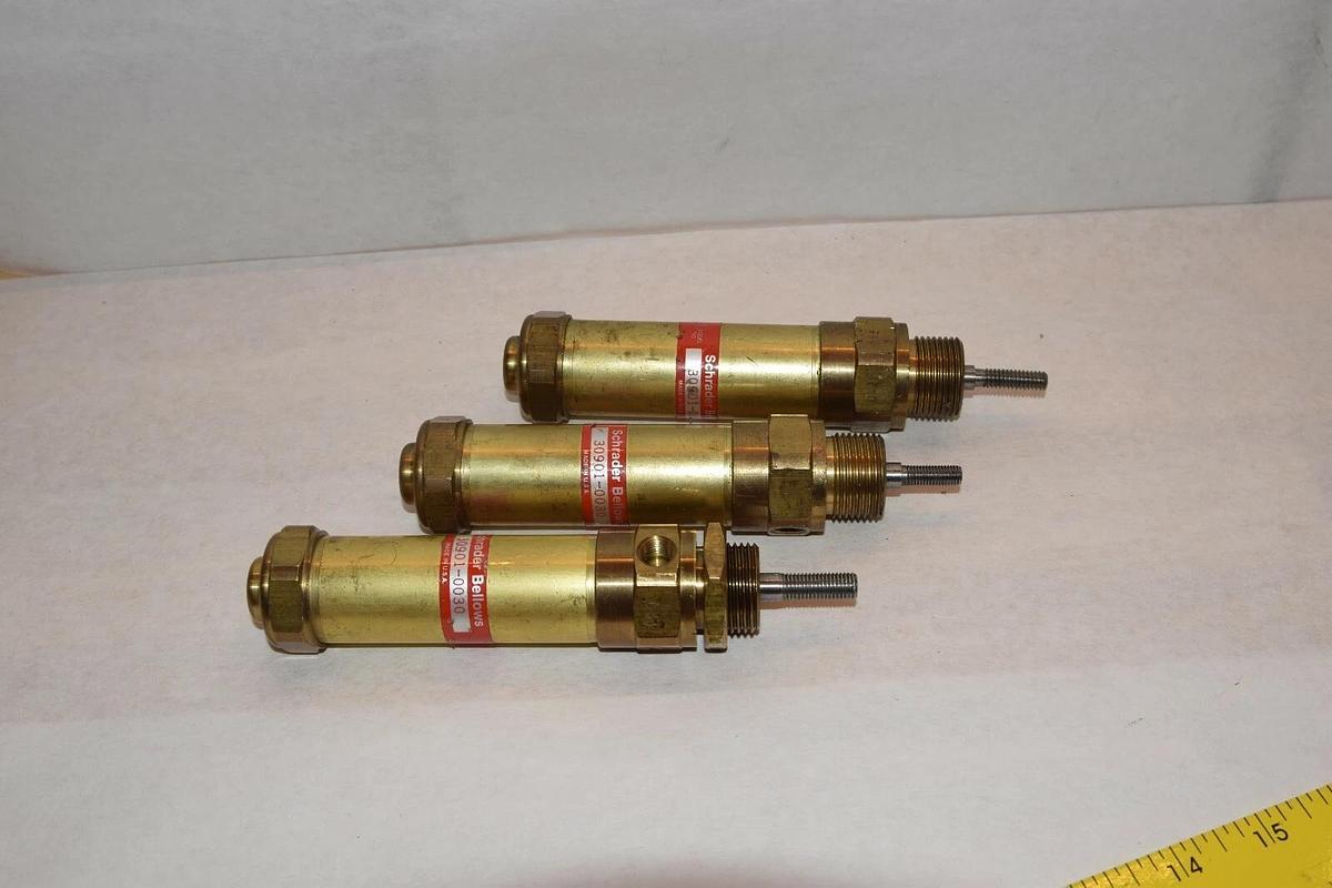 Used (3) SCHRADER BELLOWS 30901-0030 309010030 3" STROKE BRASS PNEUMATIC CYLINDER
