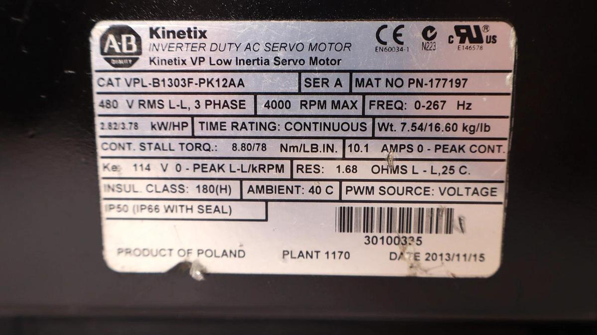 Used Allen Bradley AC Sevo Motor VPL-B1303F-PK12AA Series A Kinetic Inverter