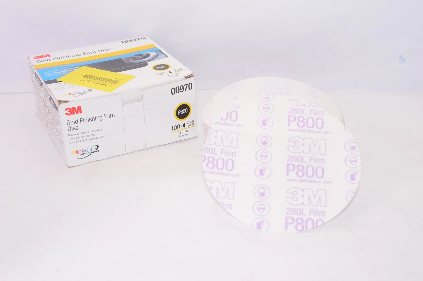 (NEW - Box of 100) 3M P800 00970 6" Hookit Attachment Gold Finishing Film Disc