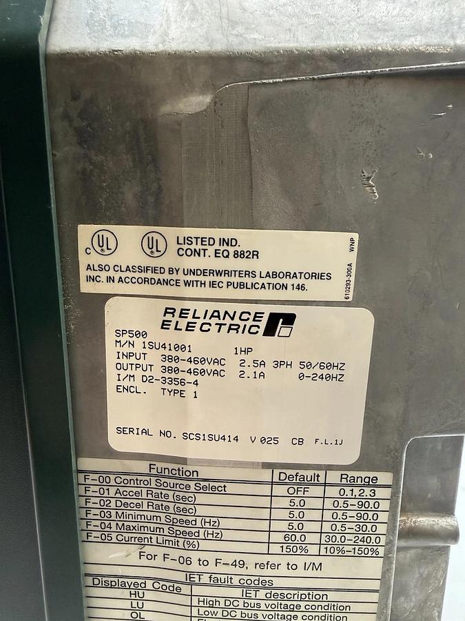 Refurbished Reliance Electric  1SU41001 SP500 VS Drive  1HP, 380 460VAC, 2.1A, 0-240HZ, 3ph